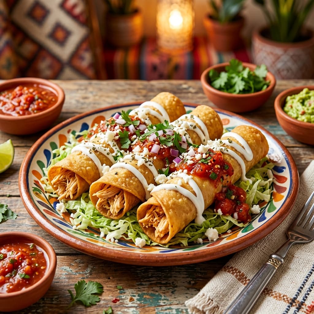 Tacos Dorados con Queso Crema Blanco